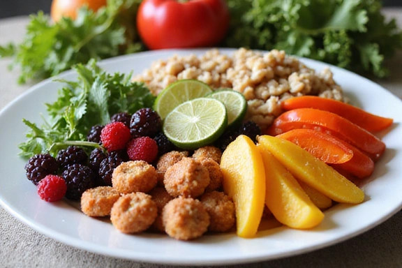 Image of a plate filled with colorful fruits and vegetables, symbolizing a balanced diet.