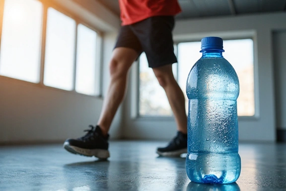 Imagen de una botella de agua y una persona haciendo ejercicio, enfatizando la hidratación.