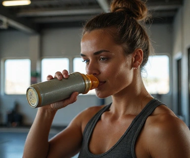 Atleta bebiendo agua después de ejercitarse, con enfoque en nutrición deportiva