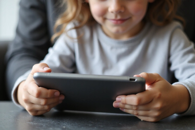 Child's hands holding a tablet with a blurred adult figure in the background