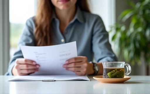 Mujer leyendo documentos sobre nutrición con una taza de té, en un ambiente tranquilo