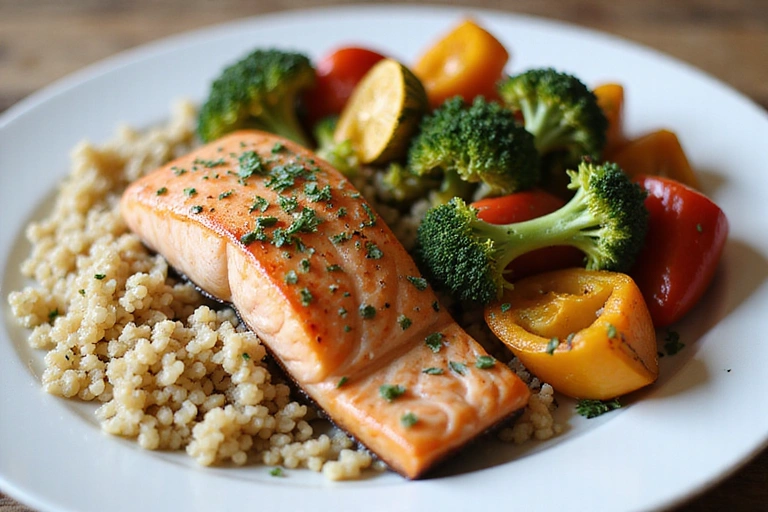 Comida saludable bellamente presentada en un plato, con ingredientes frescos y vibrantes.