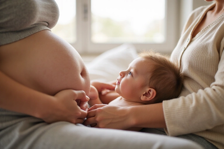 Imagen tierna de una mujer embarazada o una madre con un bebé, enfocándose en la salud y el cuidado.