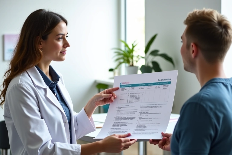 Nutricionista explicando un plan de dieta a un paciente en una consulta, mostrando profesionalismo y empatía