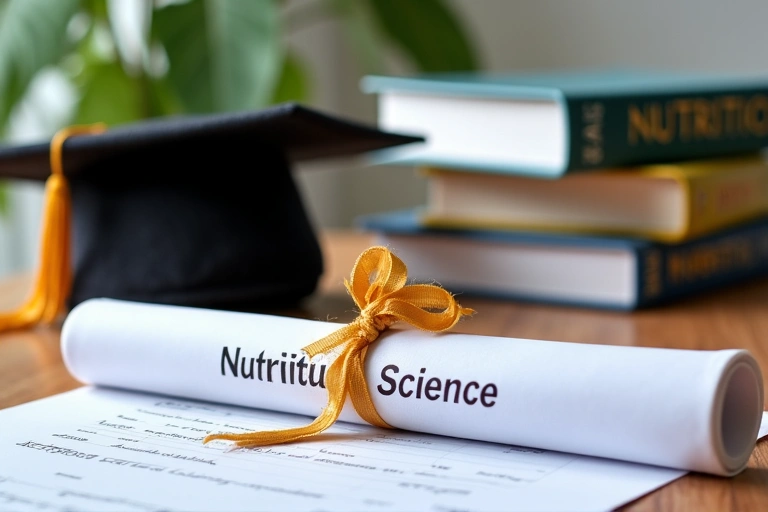 Primer plano de un diploma universitario en nutrición con un birrete y libros