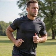 Hombre atlético corriendo, mostrando fuerza y vitalidad, con equipo deportivo.